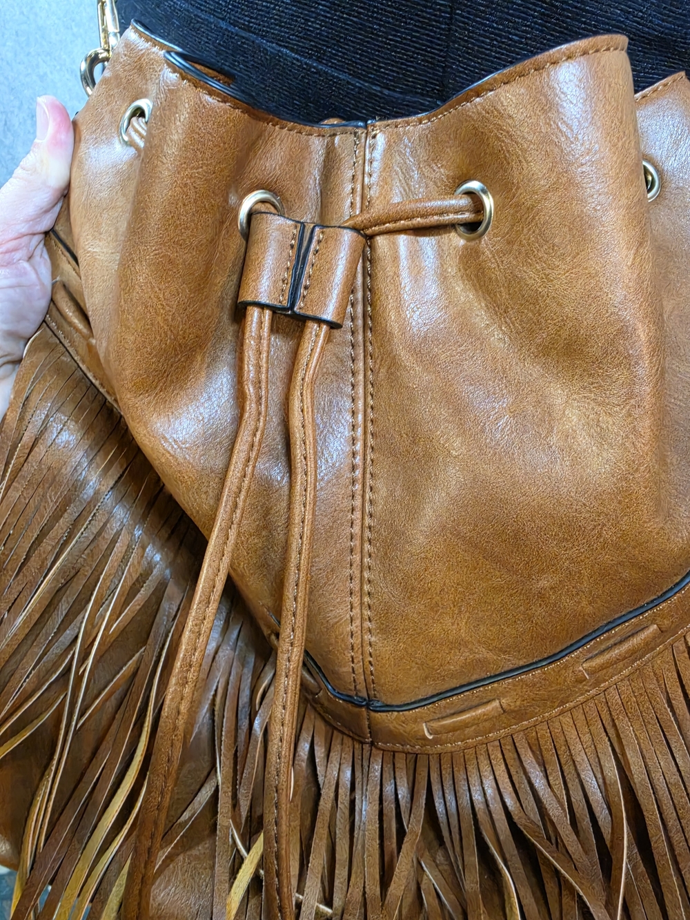 Tan Leather Fringe Drawstring Crossbody Bag - Picture 4 of 8
